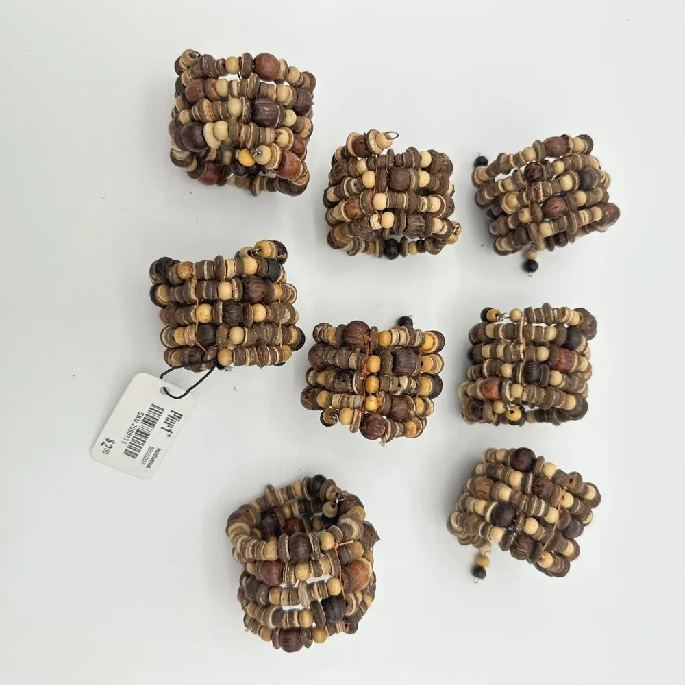 Pier 1 Napkin Rings Set of 8 Brown Woven Wood Bead Memory Wire Boho Coastal